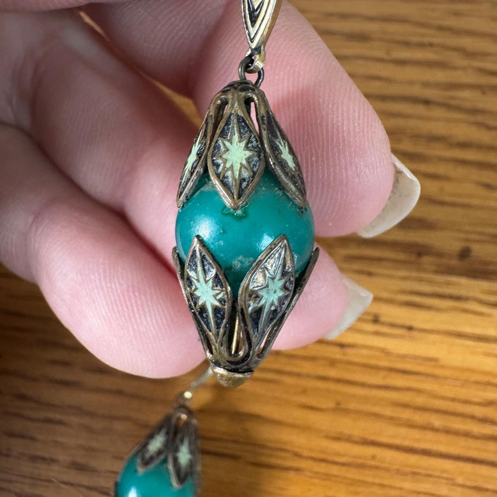 Vintage Turquoise Sterling Starburst Screw Back Earrings Art Deco Style - Picture 6 of 10